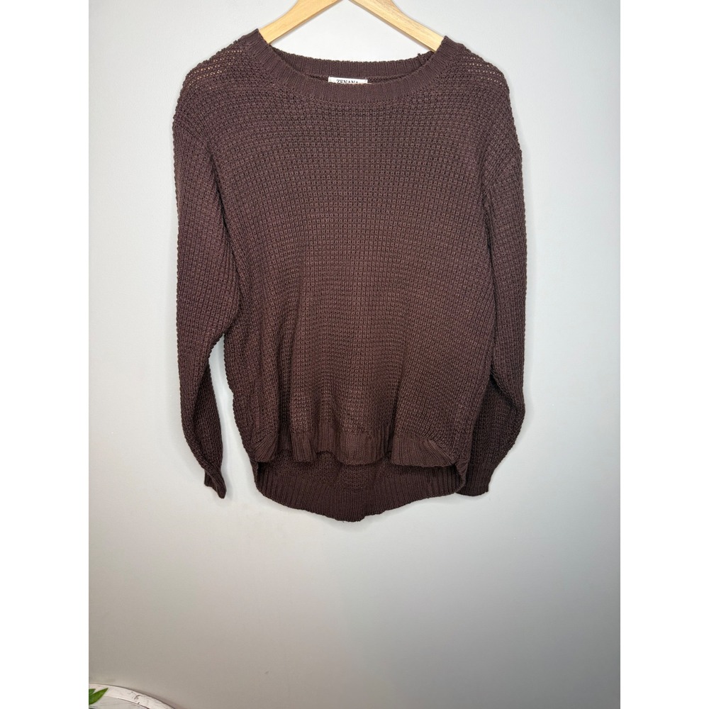 Zenana Waffle Knit High Low Sweater Brown Crew Neck XL TW-3416D4